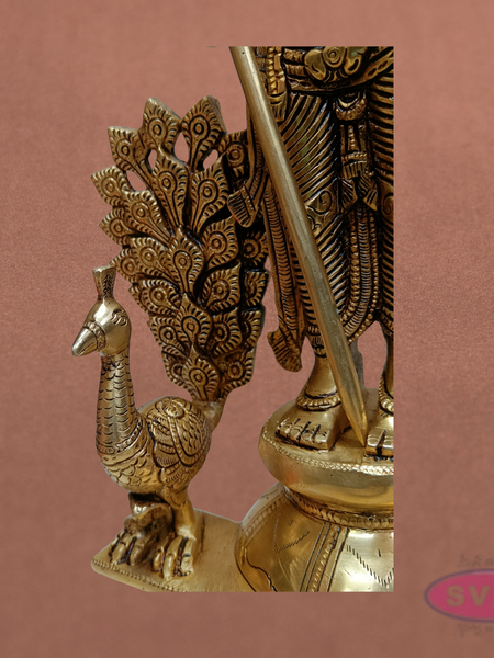 Brass Murugan Idol Standing with Peacock – 1.5 Feet Subramanya Swamy Statue for Spiritual Decor
