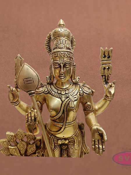 Brass Murugan Idol Standing with Peacock – 1.5 Feet Subramanya Swamy Statue for Spiritual Decor