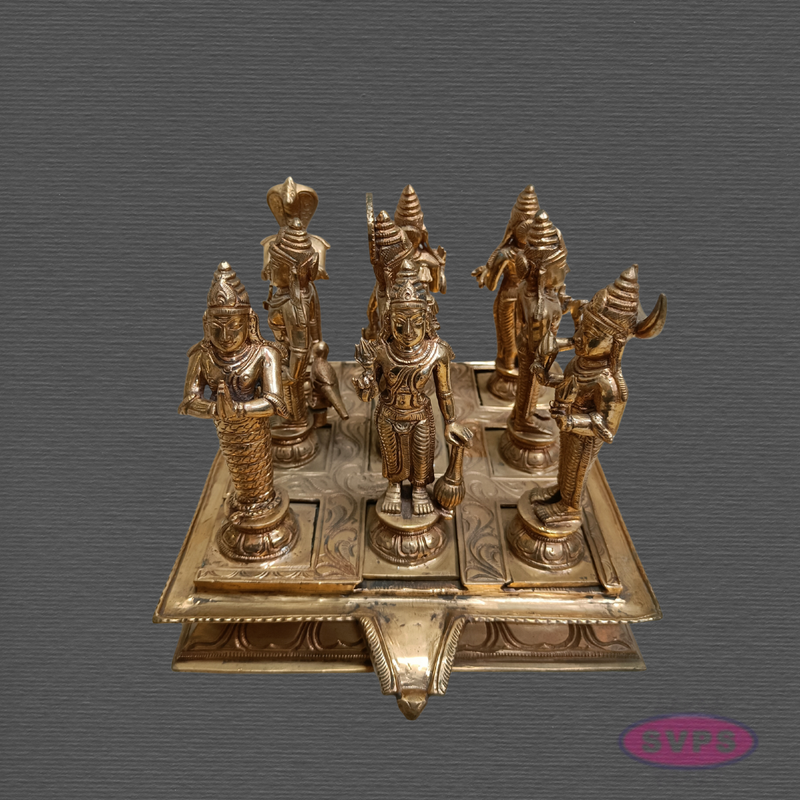 Panchaloha Navagraha Idol Set with Decorative Base | Traditional Hindu Nine Planet Deities | Handmade Pooja Murti for Home Temple, Vastu & Spiritual Worship | 7 x 8 Inches