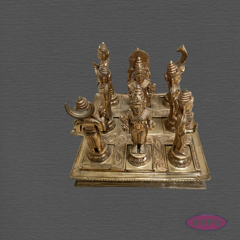Panchaloha Navagraha Idol Set with Decorative Base | Traditional Hindu Nine Planet Deities | Handmade Pooja Murti for Home Temple, Vastu & Spiritual Worship | 7 x 8 Inches