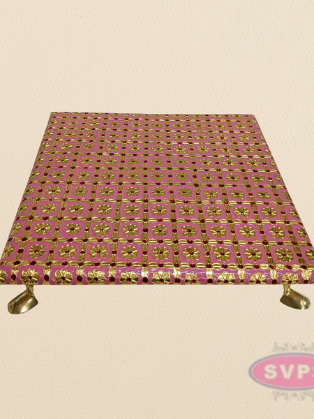 Pink Floral Design Pooja Manai – Decorative Gold Finish Mandir Chowki for God Idols