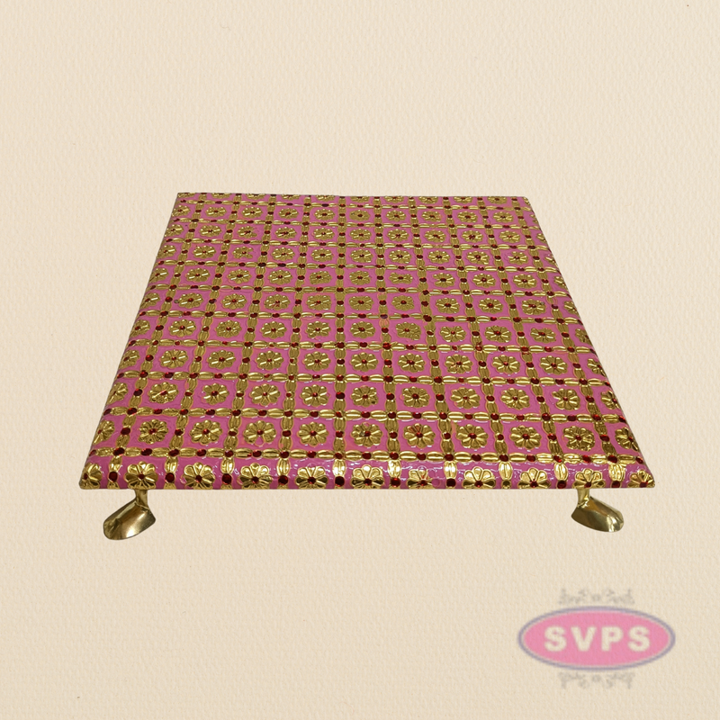 Pink Floral Design Pooja Manai – Decorative Gold Finish Mandir Chowki for God Idols