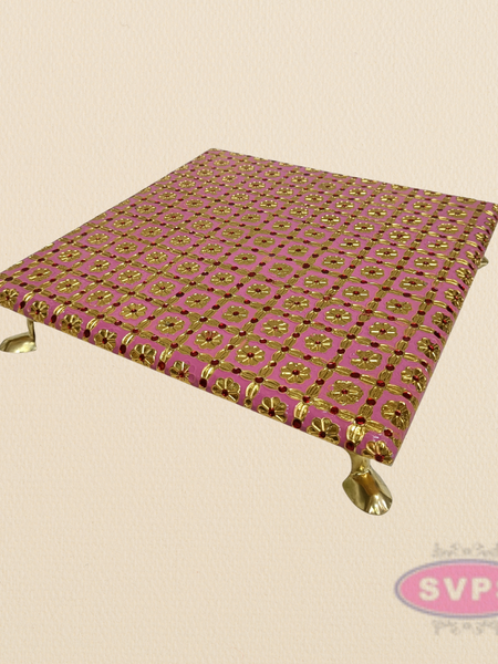 Pink Floral Design Pooja Manai – Decorative Gold Finish Mandir Chowki for God Idols