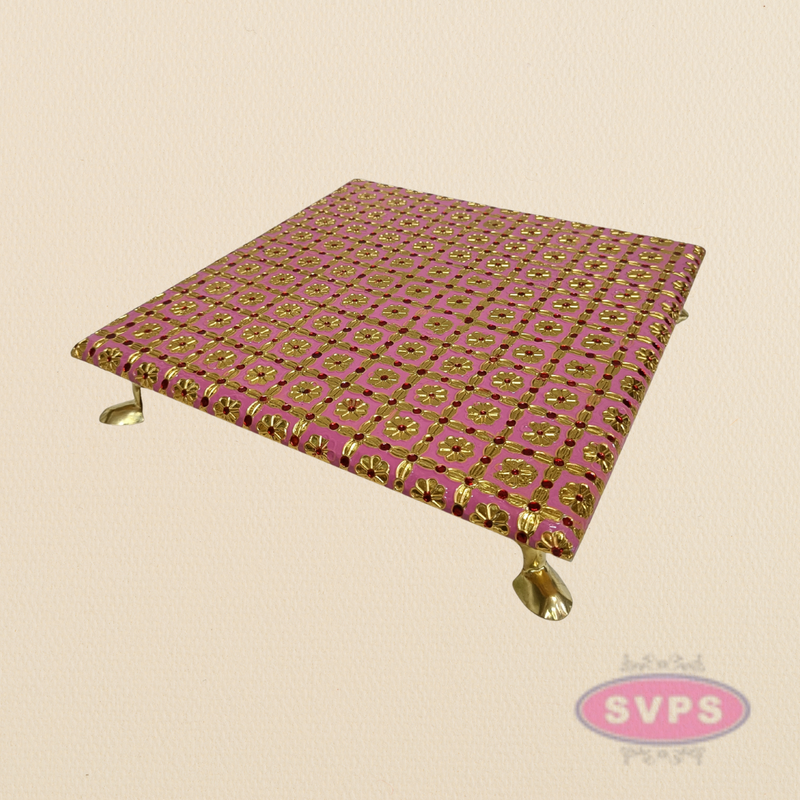 Pink Floral Design Pooja Manai – Decorative Gold Finish Mandir Chowki for God Idols