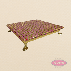 Pink Floral Design Pooja Manai – Decorative Gold Finish Mandir Chowki for God Idols