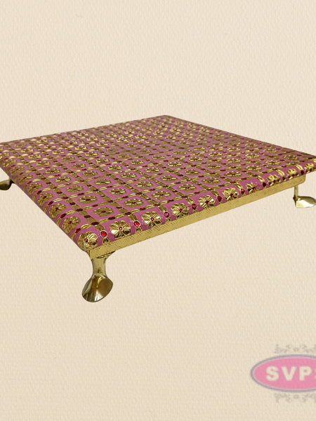 Pink Floral Design Pooja Manai – Decorative Gold Finish Mandir Chowki for God Idols