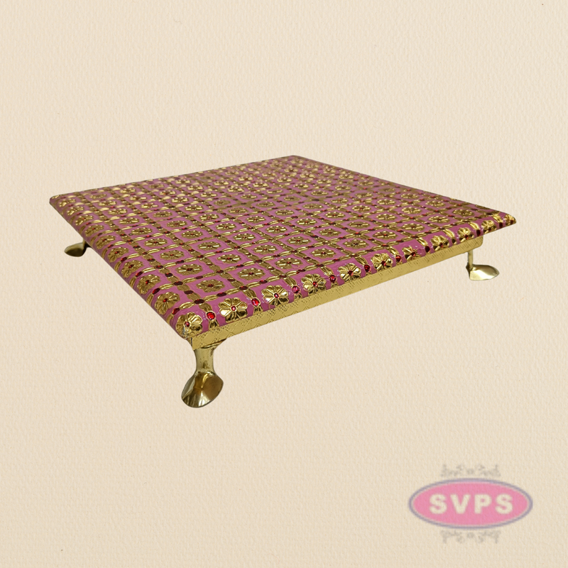 Pink Floral Design Pooja Manai – Decorative Gold Finish Mandir Chowki for God Idols