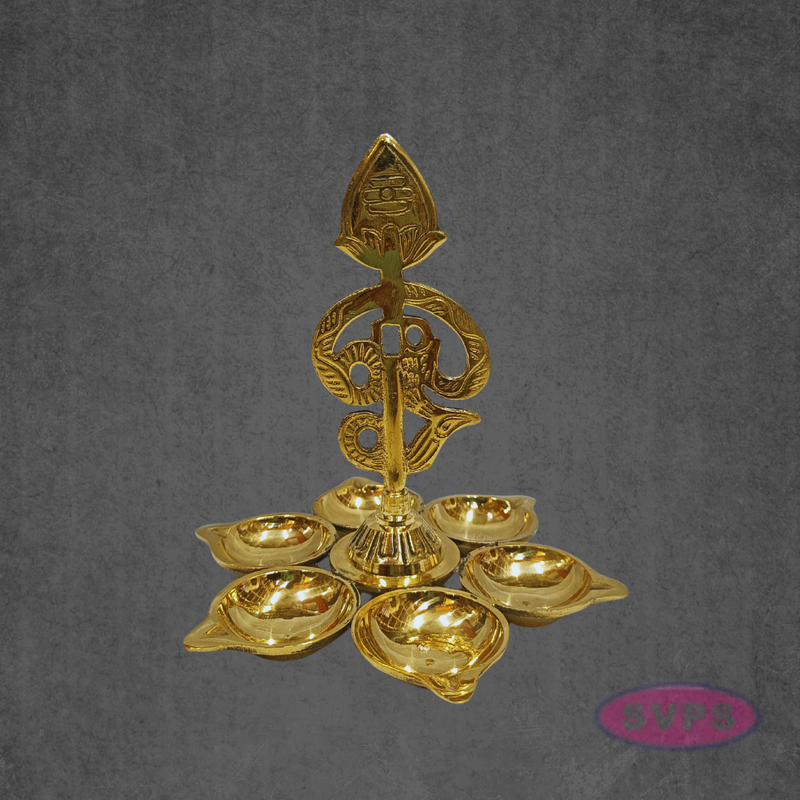 Handcrafted Brass Om Vilakku with Six Diyas for Pooja