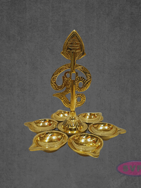 Handcrafted Brass Om Vilakku with Six Diyas for Pooja