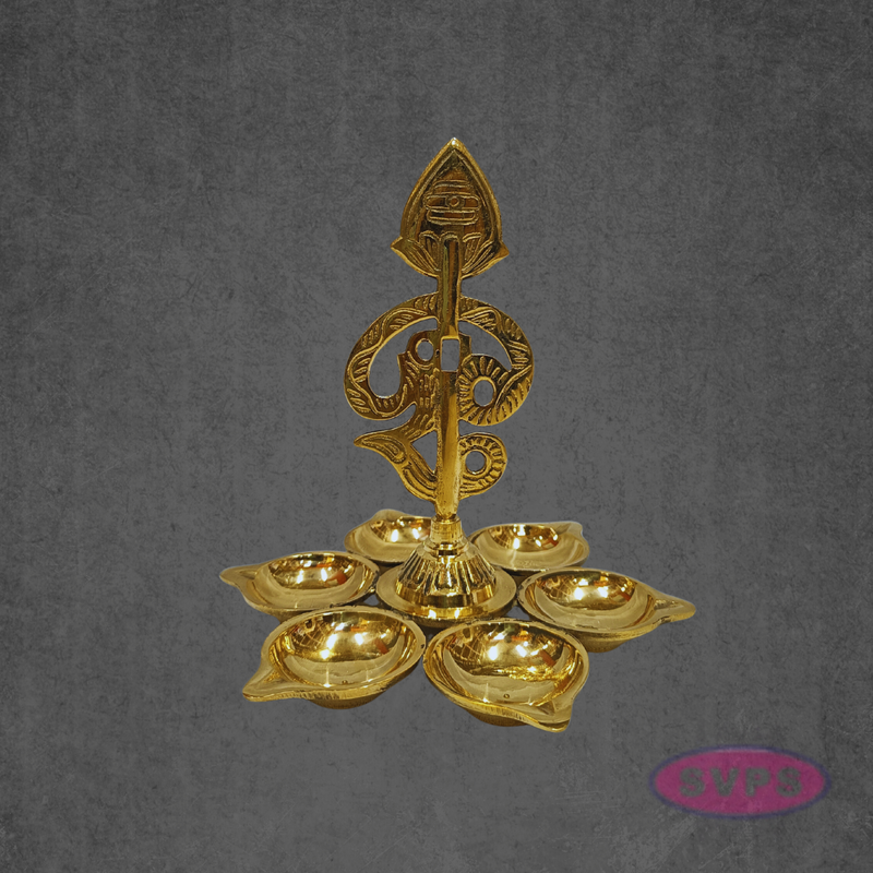Handcrafted Brass Om Vilakku with Six Diyas for Pooja