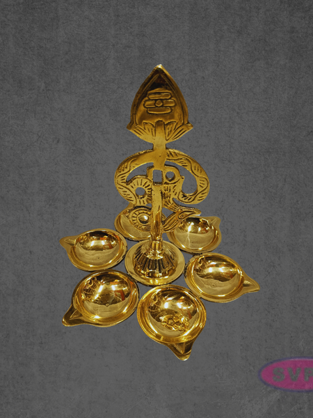 Handcrafted Brass Om Vilakku with Six Diyas for Pooja