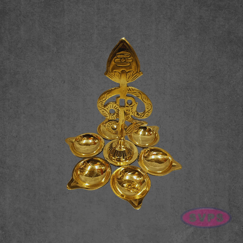 Handcrafted Brass Om Vilakku with Six Diyas for Pooja
