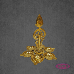 Handcrafted Brass Om Vilakku with Six Diyas for Pooja