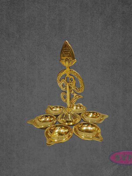 Handcrafted Brass Om Vilakku with Six Diyas for Pooja