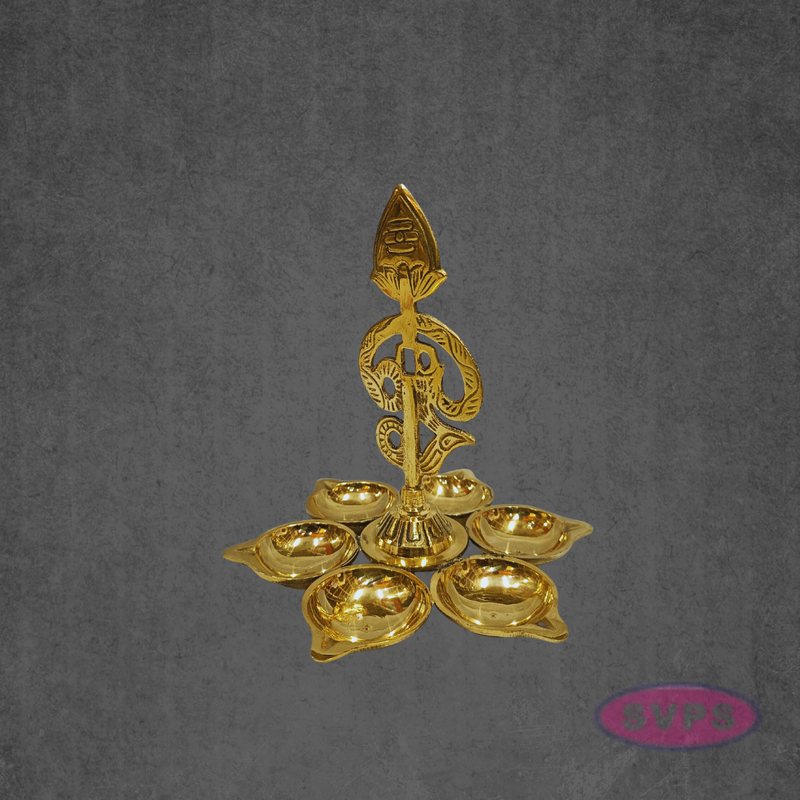 Handcrafted Brass Om Vilakku with Six Diyas for Pooja