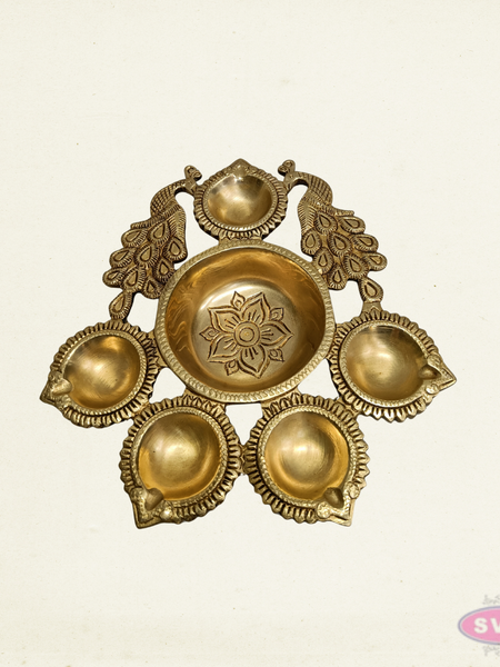 Brass Peacock Deepam with 5 Diyas – Traditional Pooja Lamp for Home Temple