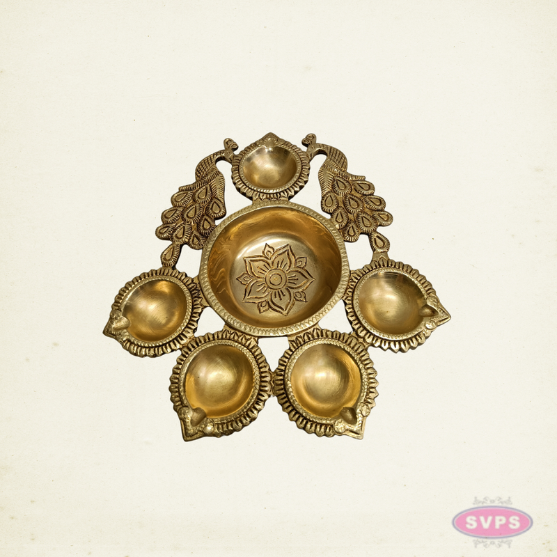 Brass Peacock Deepam with 5 Diyas – Traditional Pooja Lamp for Home Temple