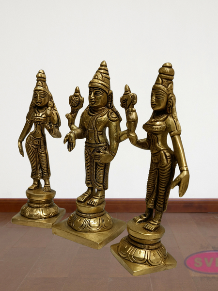 Sri Perumal with Thayar Sridevi & Bhudevi Standing Brass Statue Set