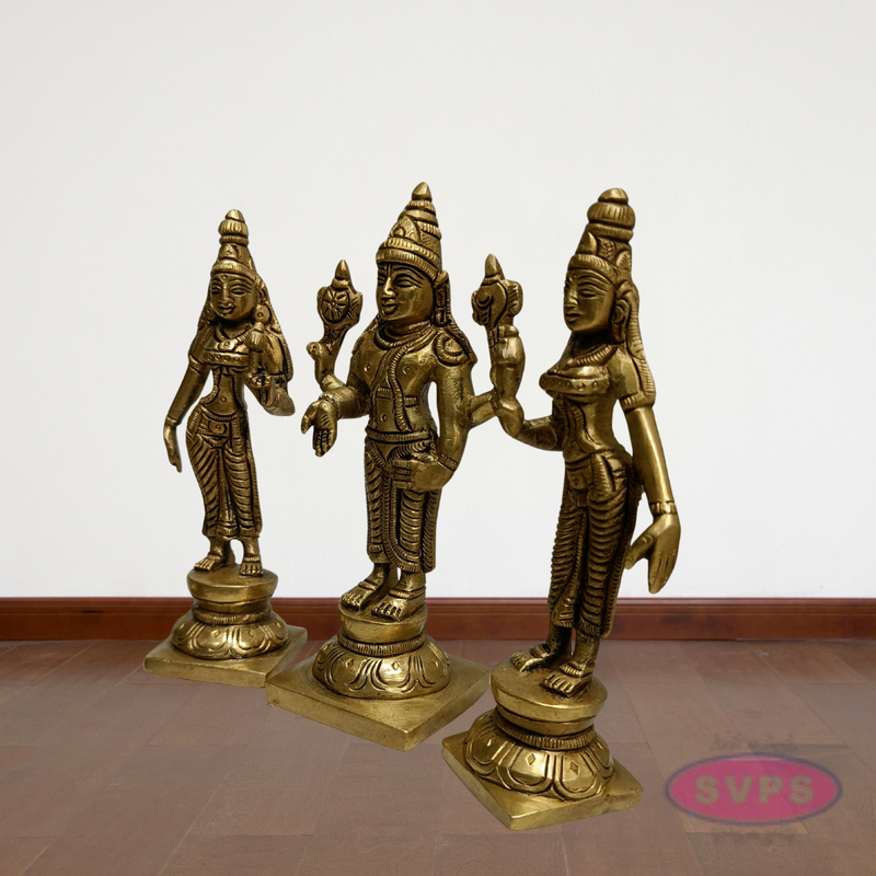 Sri Perumal with Thayar Sridevi & Bhudevi Standing Brass Statue Set