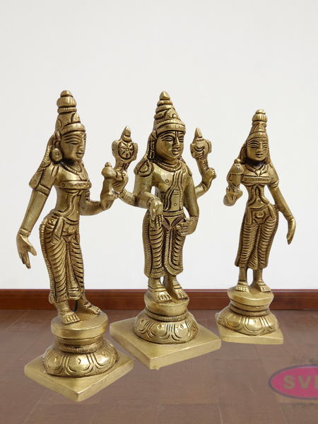 Sri Perumal with Thayar Sridevi & Bhudevi Standing Brass Statue Set