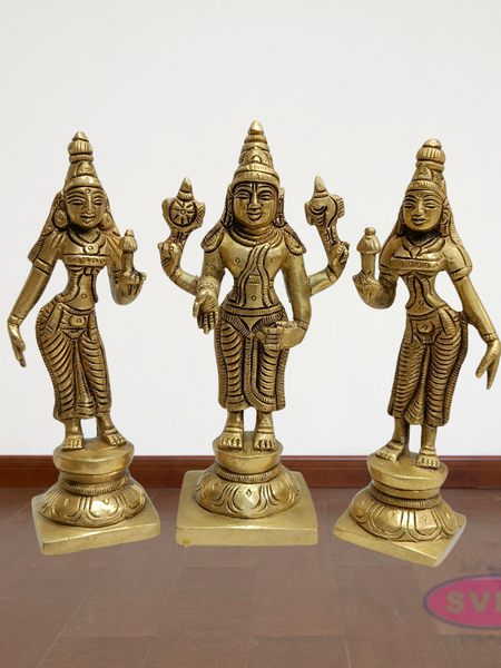 Sri Perumal with Thayar Sridevi & Bhudevi Standing Brass Statue Set