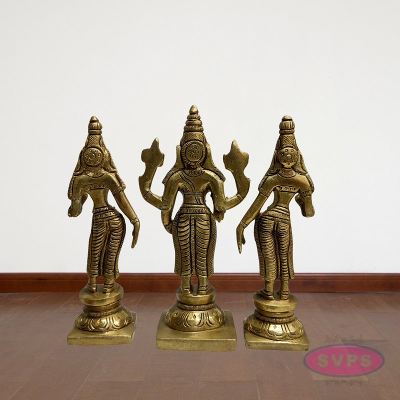Sri Perumal with Thayar Sridevi & Bhudevi Standing Brass Statue Set