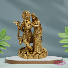 Antique Finish Brass Radha Krishna Idol with Lotus Base – 10 Inches