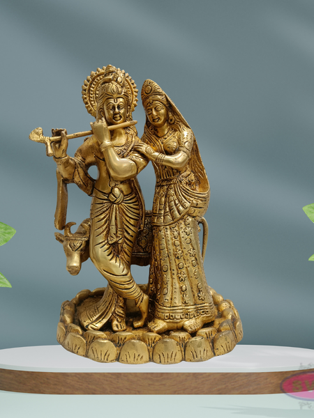 Antique Finish Brass Radha Krishna Idol with Lotus Base – 10 Inches