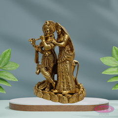 Antique Finish Brass Radha Krishna Idol with Lotus Base – 10 Inches