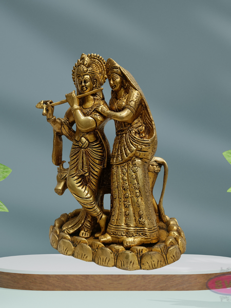 Antique Finish Brass Radha Krishna Idol with Lotus Base – 10 Inches