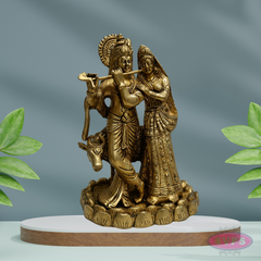 Antique Finish Brass Radha Krishna Idol with Lotus Base – 10 Inches