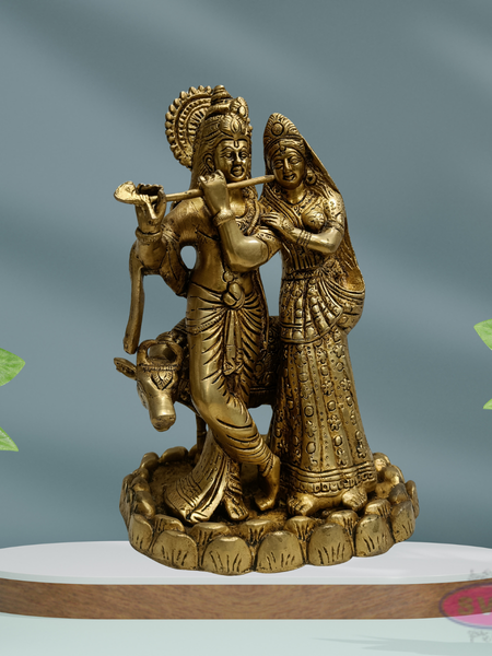Antique Finish Brass Radha Krishna Idol with Lotus Base – 10 Inches
