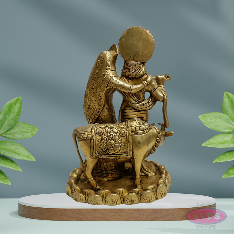 Antique Finish Brass Radha Krishna Idol with Lotus Base – 10 Inches
