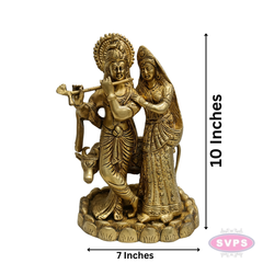 Antique Finish Brass Radha Krishna Idol with Lotus Base – 10 Inches