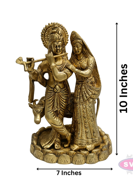 Antique Finish Brass Radha Krishna Idol with Lotus Base – 10 Inches