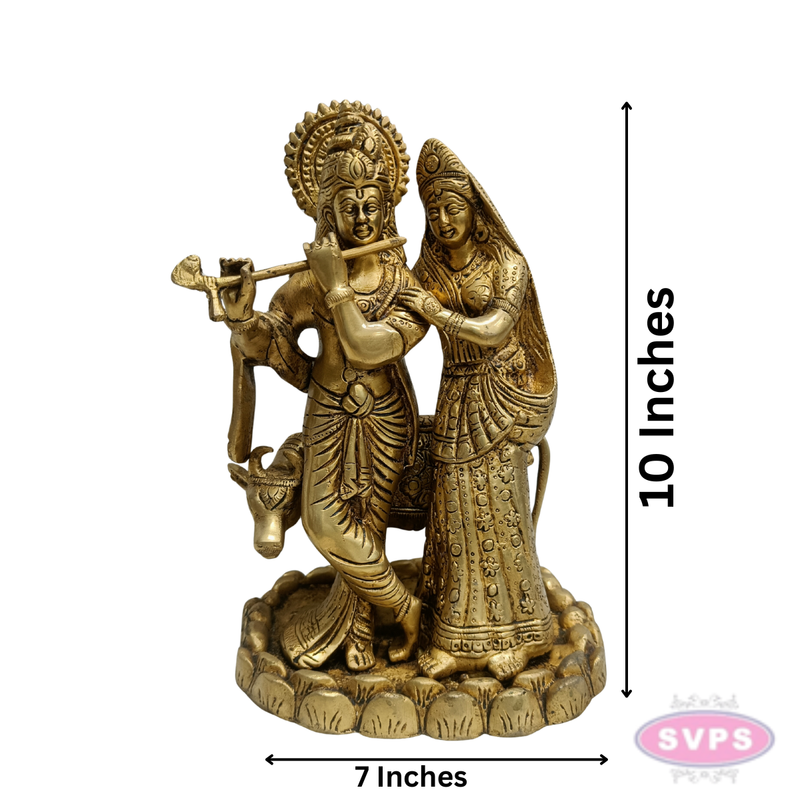 Antique Finish Brass Radha Krishna Idol with Lotus Base – 10 Inches