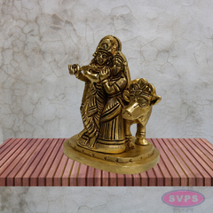 Radha Krishna with Cow Brass Idol 4 Inches (Krishna Playing Flute)