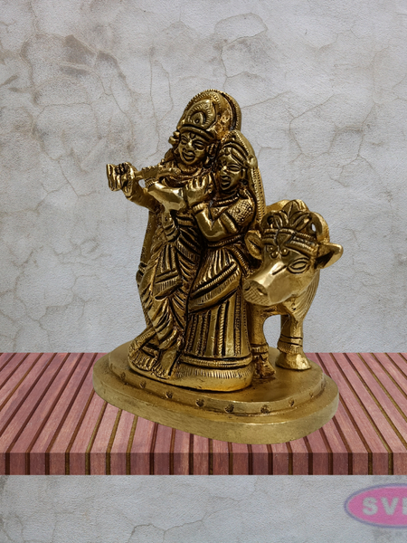 Radha Krishna with Cow Brass Idol 4 Inches (Krishna Playing Flute)
