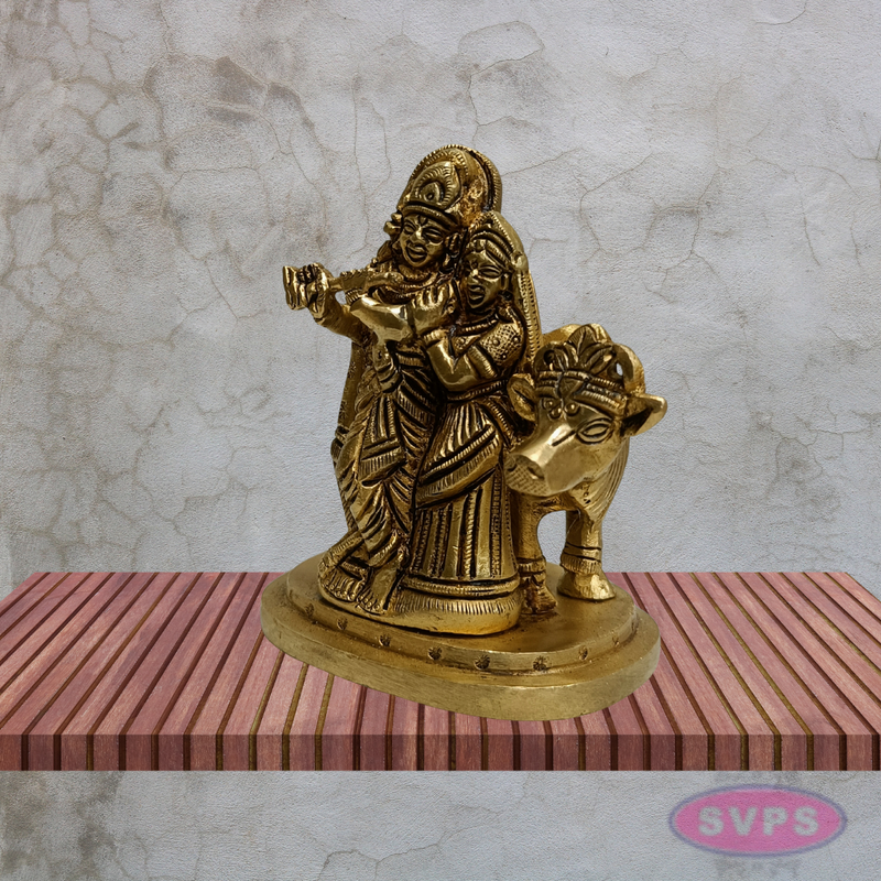 Radha Krishna with Cow Brass Idol 4 Inches (Krishna Playing Flute)