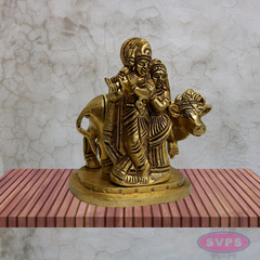 Radha Krishna with Cow Brass Idol 4 Inches (Krishna Playing Flute)