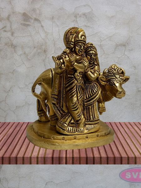 Radha Krishna with Cow Brass Idol 4 Inches (Krishna Playing Flute)