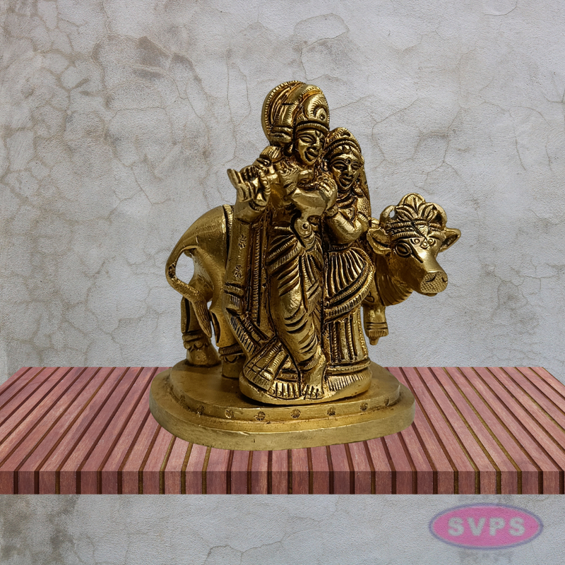 Radha Krishna with Cow Brass Idol 4 Inches (Krishna Playing Flute)
