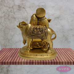 Radha Krishna with Cow Brass Idol 4 Inches (Krishna Playing Flute)