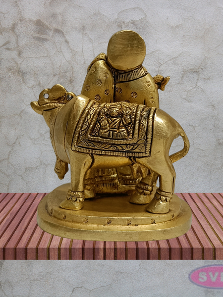 Radha Krishna with Cow Brass Idol 4 Inches (Krishna Playing Flute)