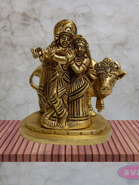 Radha Krishna with Cow Brass Idol 4 Inches (Krishna Playing Flute)