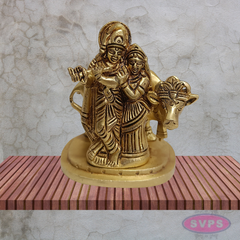 Radha Krishna with Cow Brass Idol 4 Inches (Krishna Playing Flute)