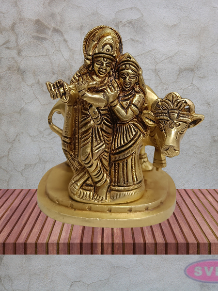 Radha Krishna with Cow Brass Idol 4 Inches (Krishna Playing Flute)