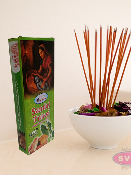 Handrolled Sandal Tulasi Agarbatti – Herbal Incense Sticks for Meditation, Puja & Relaxation