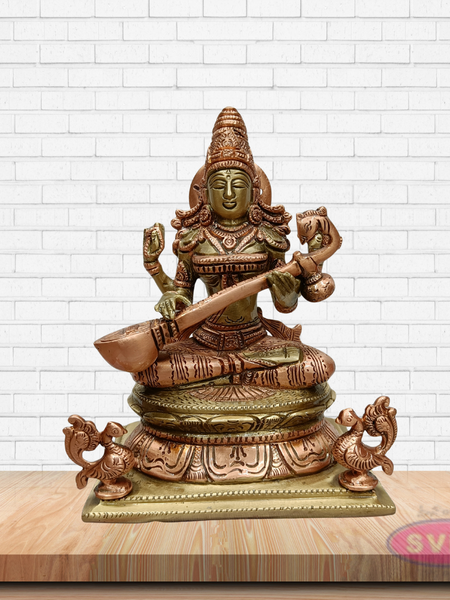 Brass Goddess Saraswati Idol with Veena – Handcrafted Vidya Lakshmi Murti for Pooja