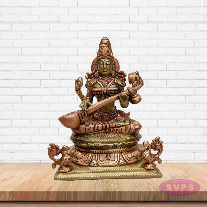Brass Goddess Saraswati Idol with Veena – Handcrafted Vidya Lakshmi Murti for Pooja